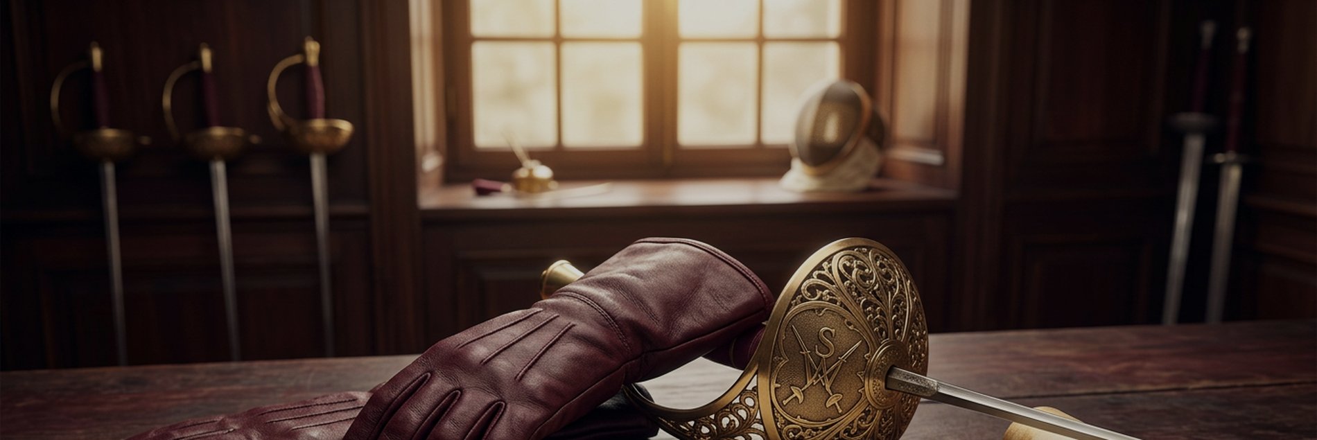 A fencing glove and bell guard in the salle